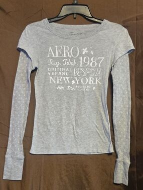 Y2K Aeropostale Layered Long Sleeve Baby Tee Gray Fitted Thermal Sleeve Top M